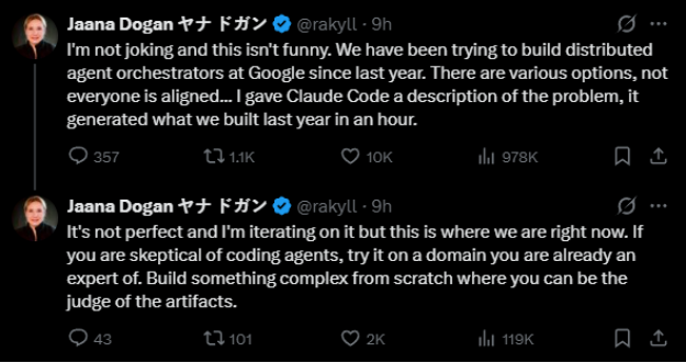 谷歌工程师Jaana Dogan称赞Claude Code生产力的推文