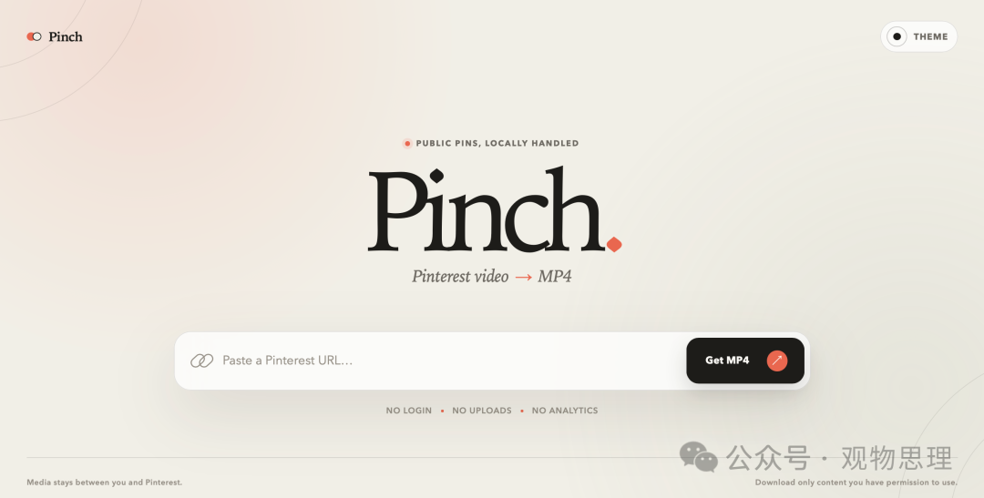 Pinch 网站首页界面，含 URL 输入框和 Get MP4 按钮