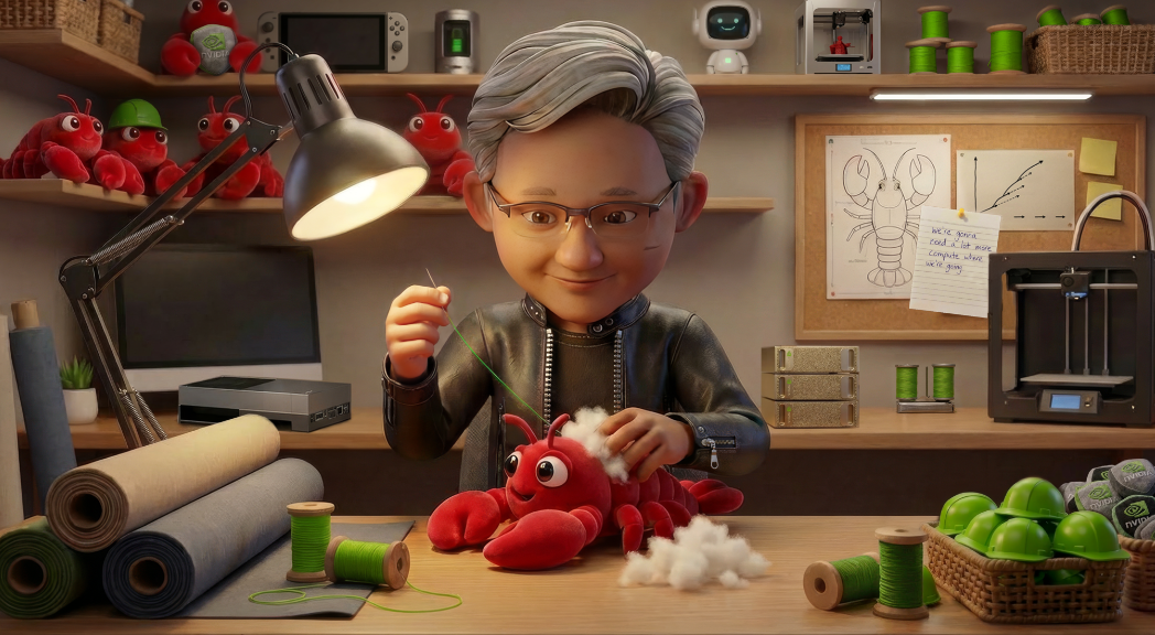 卡通龙虾梗图：一个工程师模样的卡通角色正在工作台前缝制龙虾玩偶，周围有电脑和3D打印机，氛围幽默