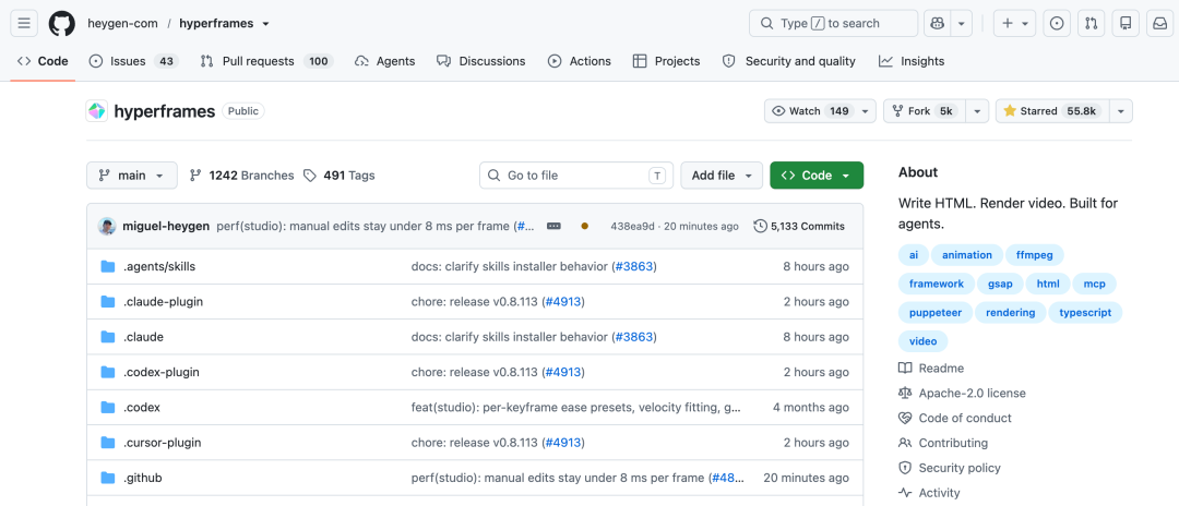 HyperFrames GitHub 仓库界面截图