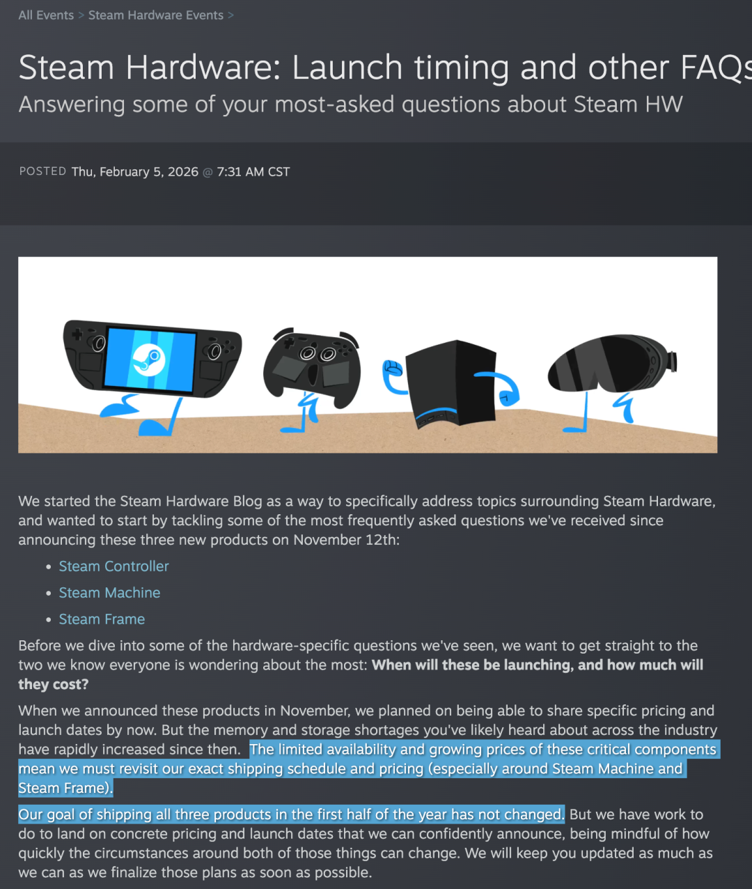 Steam Hardware FAQ页面截图，宣布延期
