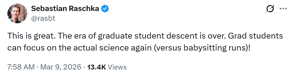 网友Sebastian Raschka对autoresearch的评论推文截图