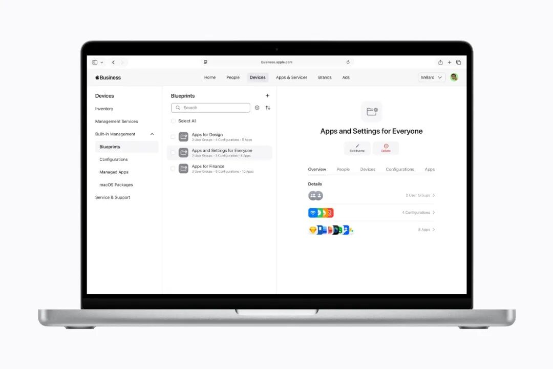 Apple Business Manager中的Blueprints预设配置管理界面