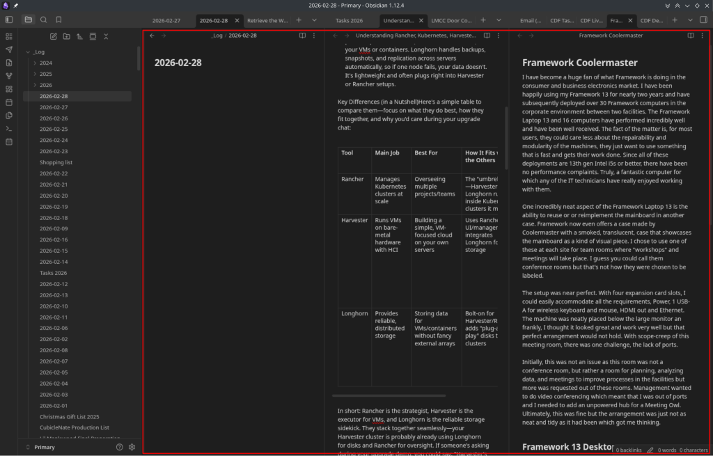 技术笔记编辑器界面,内容涉及Rancher、Harvester等技术对比