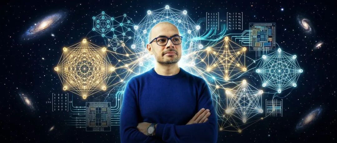 一位站在宇宙与神经网络背景前的科学家