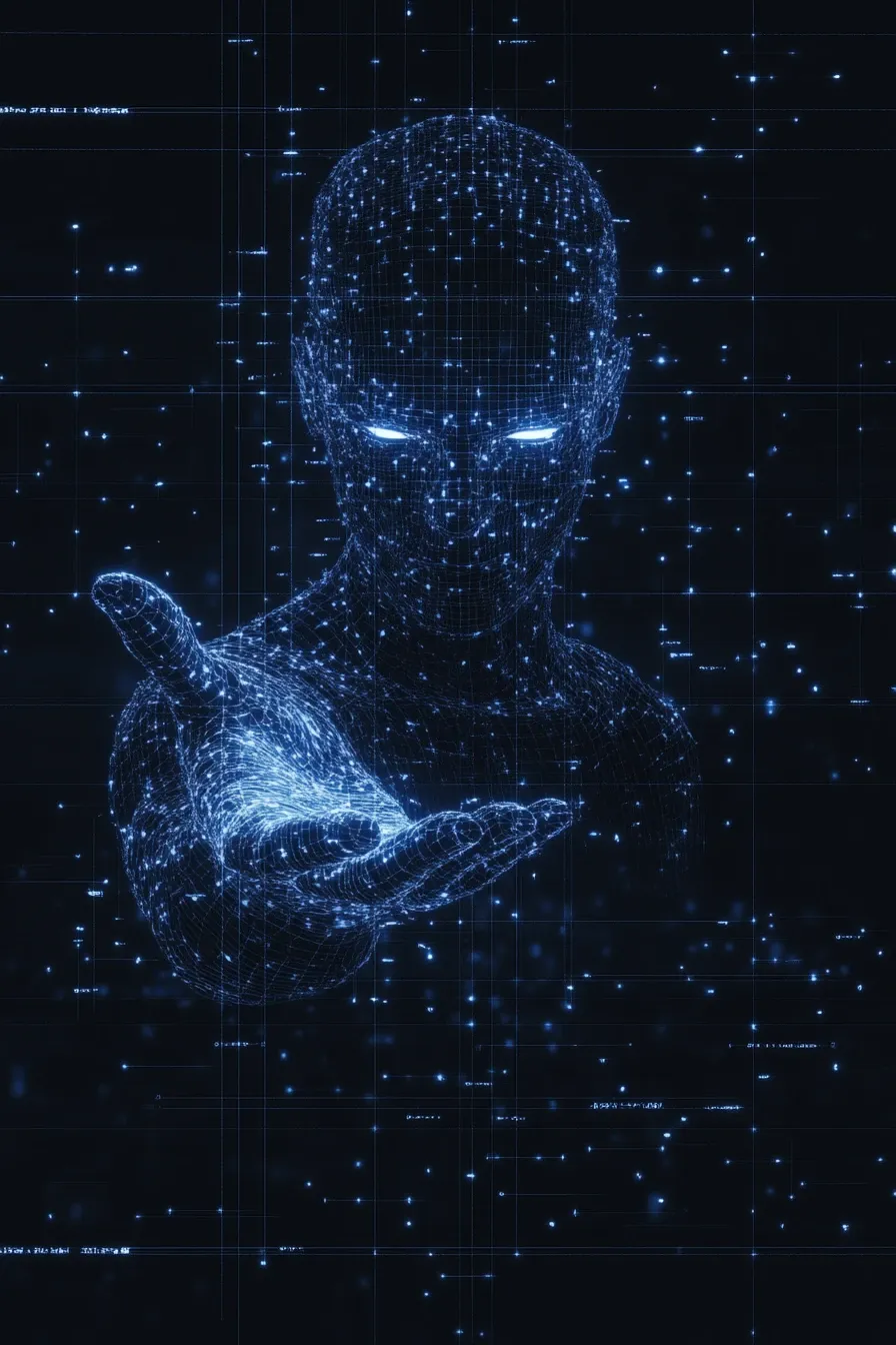 蓝色光点构成的冥想人物与数字代码背景