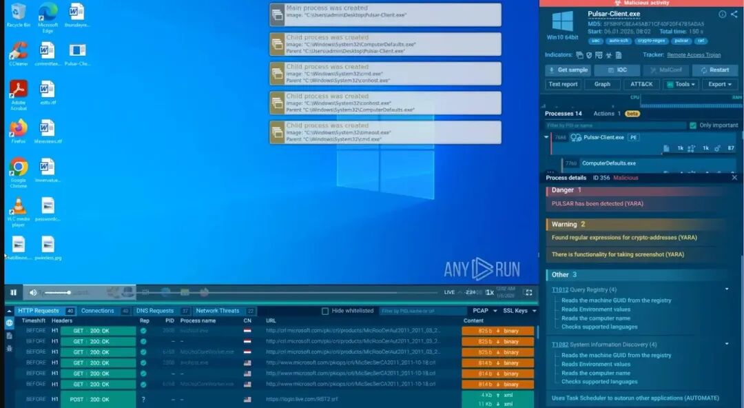 电脑桌面截图,显示多个窗口:左侧为Windows桌面,有常见图标如浏览器、文件夹;中间弹出五个进程创建通知框,内容涉及Pulsar-Client.exe及其子进程;右侧为Pulsar-Client活动监控界面,显示进程详情、危险警告等。
