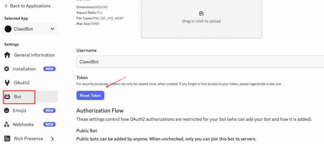 Discord Bot设置页面，高亮Reset Token按钮