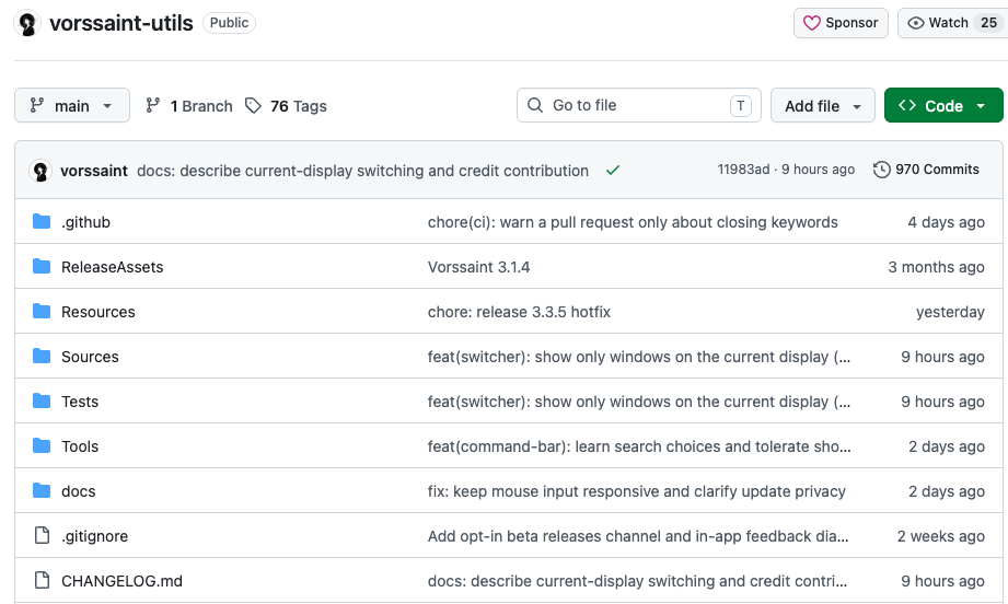 Vorssaint GitHub 仓库页面,显示 vorrssaint-utils 项目的分支、标签、提交记录与文件列表