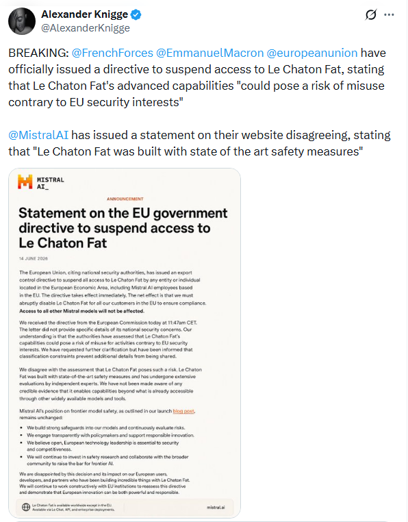 欧盟对Le Chaton Fat的禁令及Mistral AI的回应声明截图