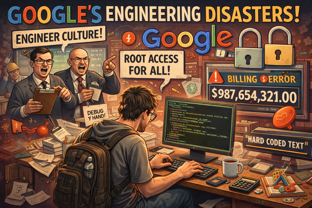 讽刺早期 Google 工程混乱的插画