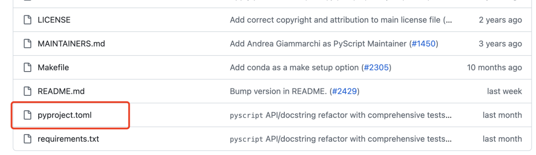开源项目文件列表截图，pyproject.toml被高亮