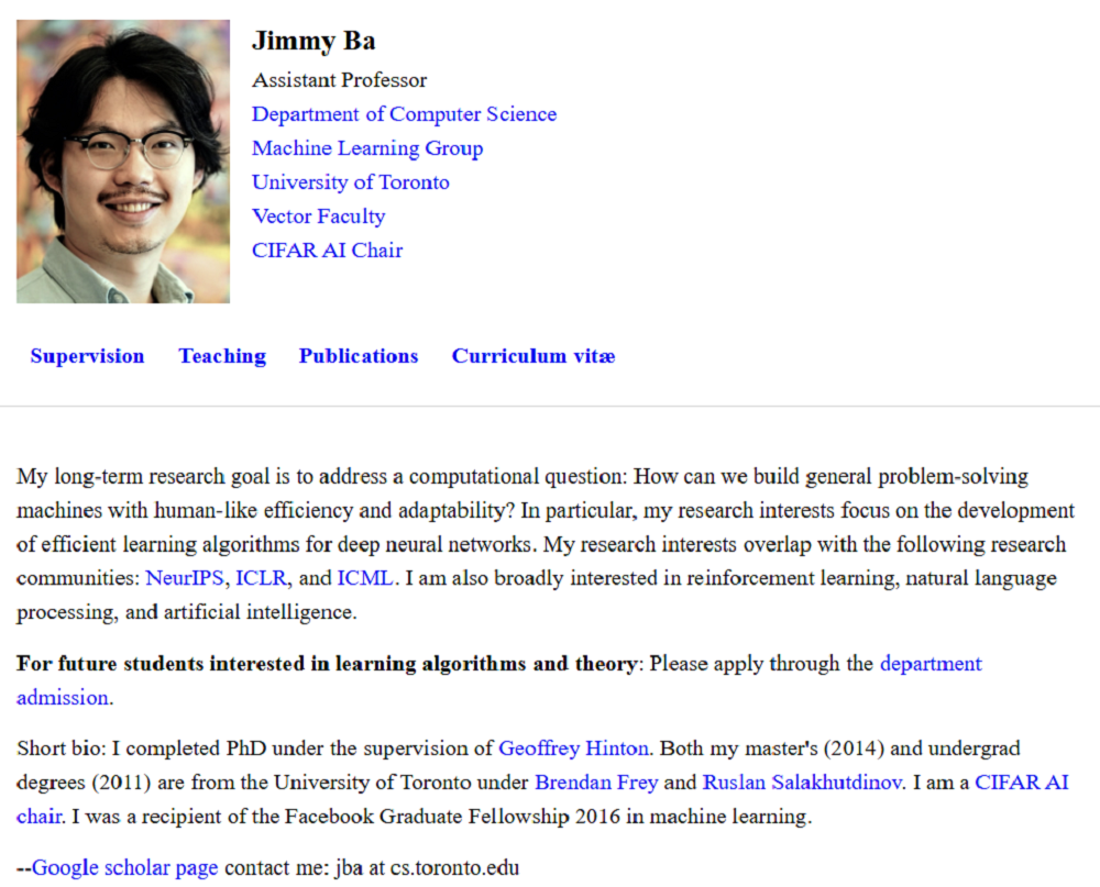 Jimmy Ba的个人学术主页截图