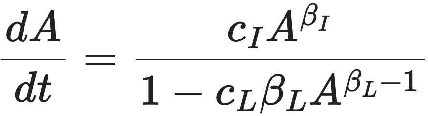 dA／dt = c_I A^β_I ／ (1 - c_L β_L A^β_L-1)