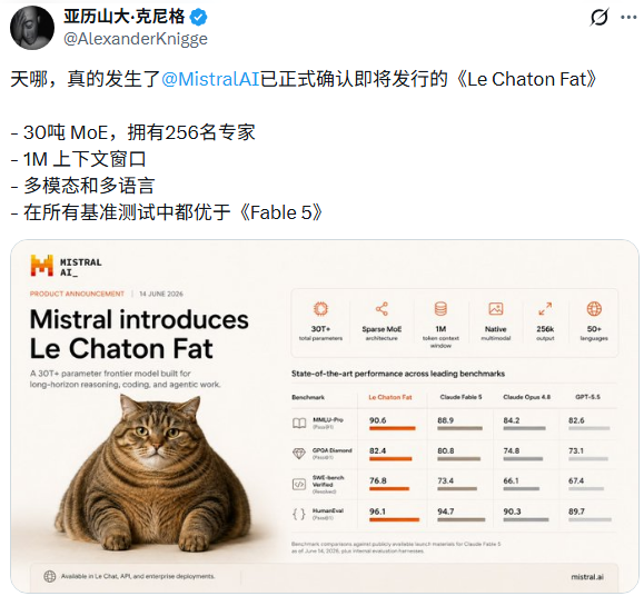 Mistral AI 宣布Le Chaton Fat模型的技术规格与性能对比表格