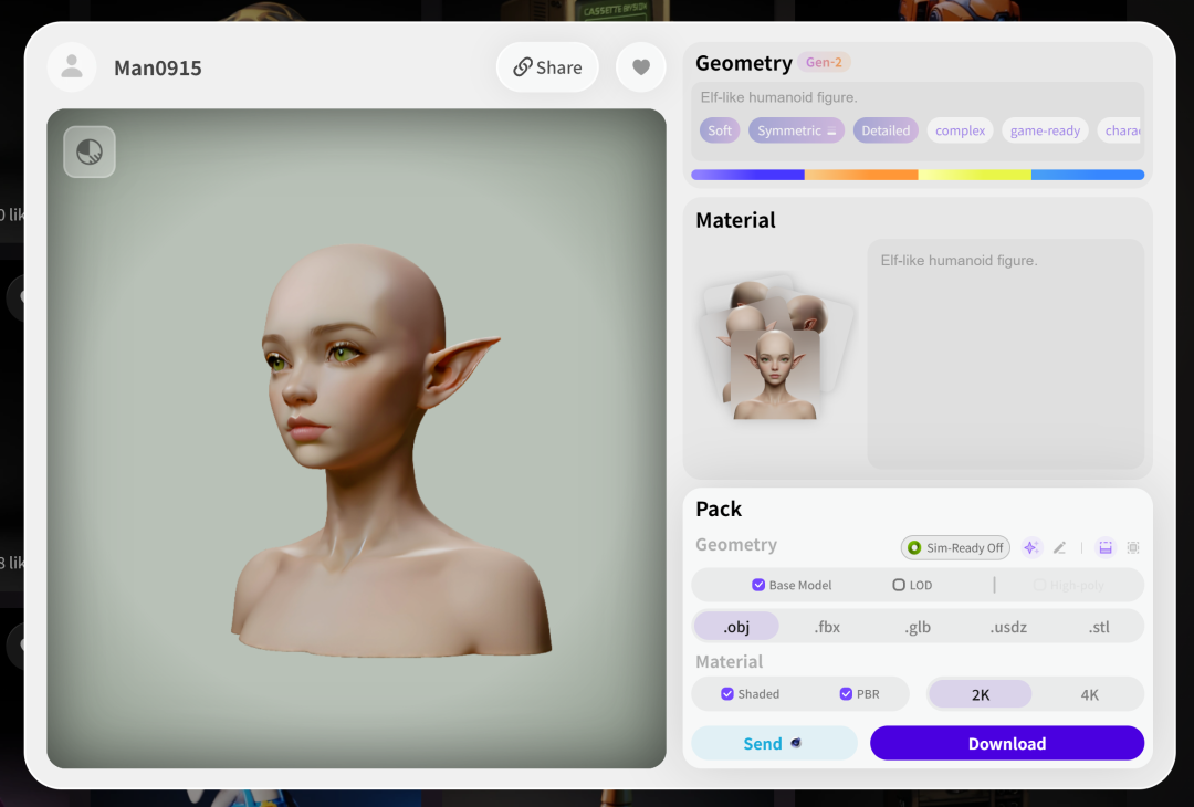 Hyper3D 生成的精灵角色模型及导出选项