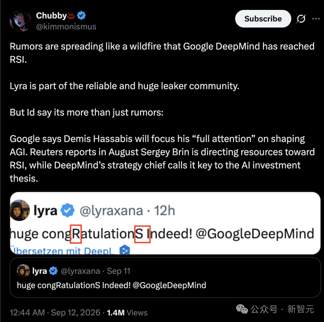 Chubby推文:Google DeepMind达成RSI的传闻正在野火式传播