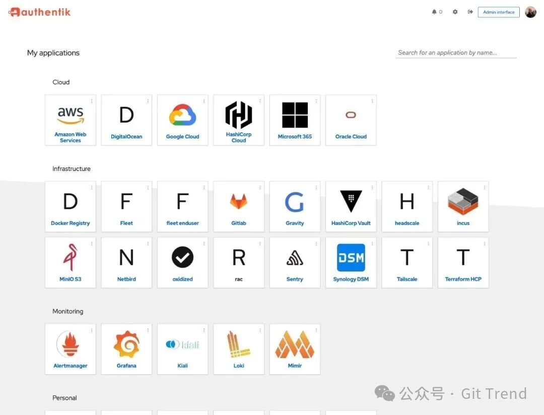 authentik 用户面板 My applications：接入的应用启动墙，点图标即登录