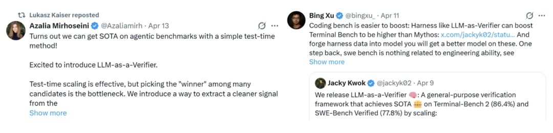社交媒体评论截图：Lukasz Kaiser、Bing Xu、Jacky Kwok 发布相关内容