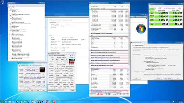 Windows 7 测试环境桌面截图,展示 CPU-Z 与系统信息窗口