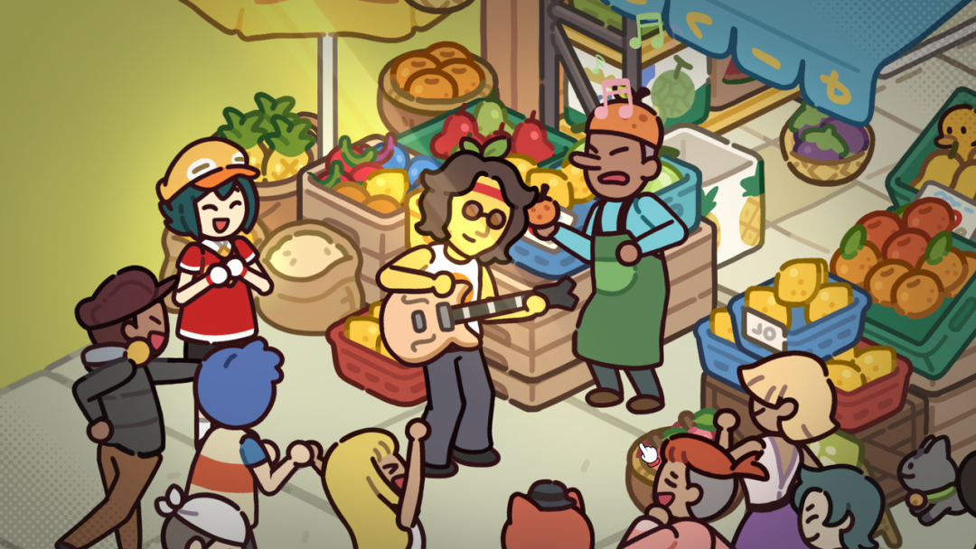 欢快的卡通市集场景：角色弹吉他，顾客起舞