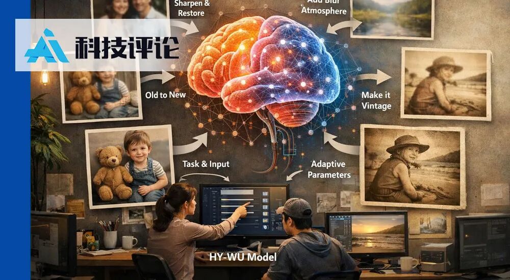 HY-WU神经网络框架：一个发光的神经网络大脑，周围环绕着多张AI图像处理样张，展示了锐化、修复、模糊、复古等多种功能