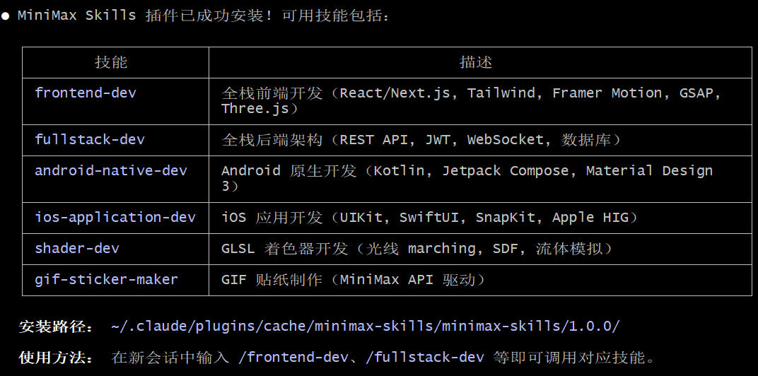 MiniMax Skills 插件安装成功终端截图