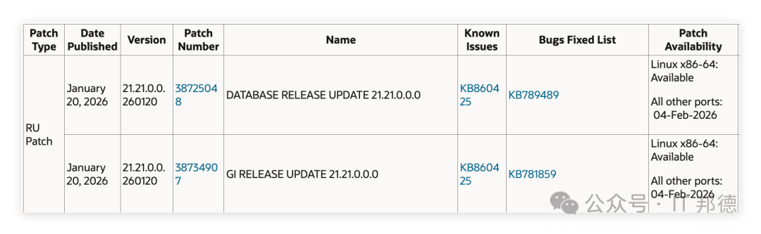 Oracle Database 21c RU补丁信息表