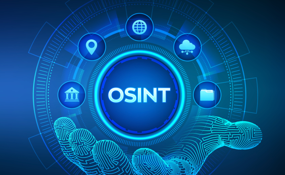 OSINT概念图：虚拟手托举发光OSINT按钮