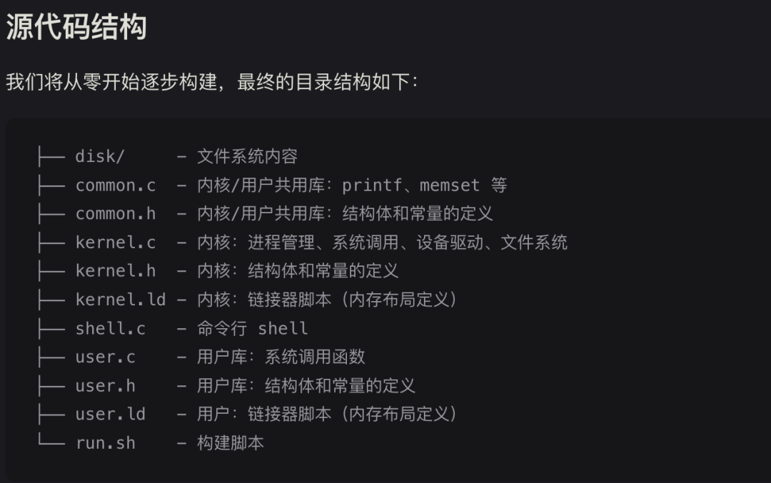 源代码结构：从零构建操作系统的11个文件与功能说明