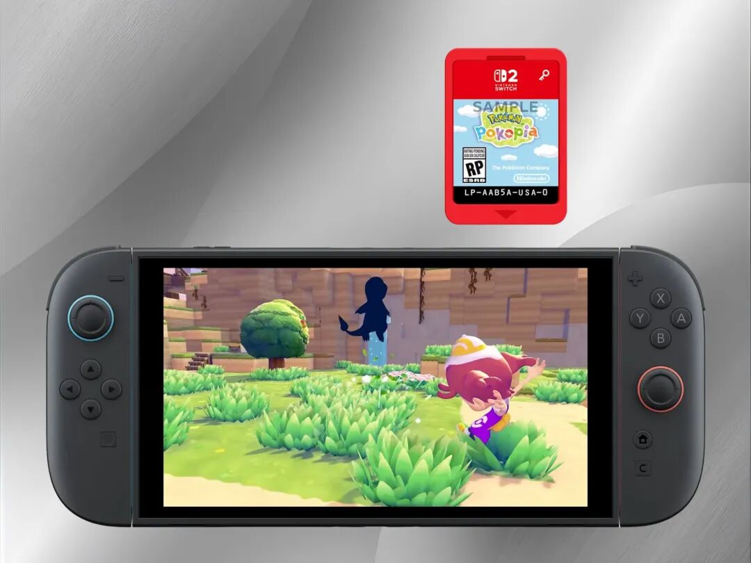 Nintendo Switch游戏机屏幕显示宝可梦Pokopia游戏画面,角色在草地上奔跑