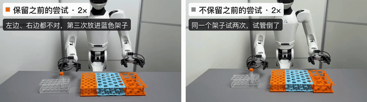 试管架任务对比:保留尝试第三次放进蓝色架子