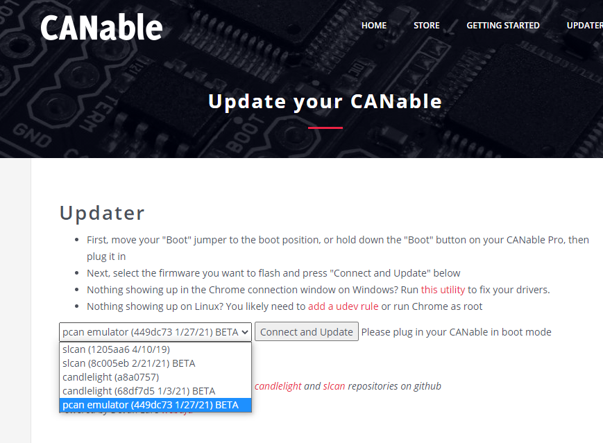 CANable网页在线烧写固件界面