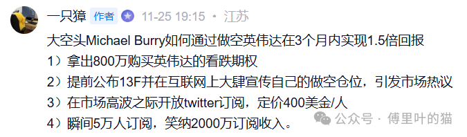 社交媒体帖子截图，分析Michael Burry做空英伟达的操作步骤