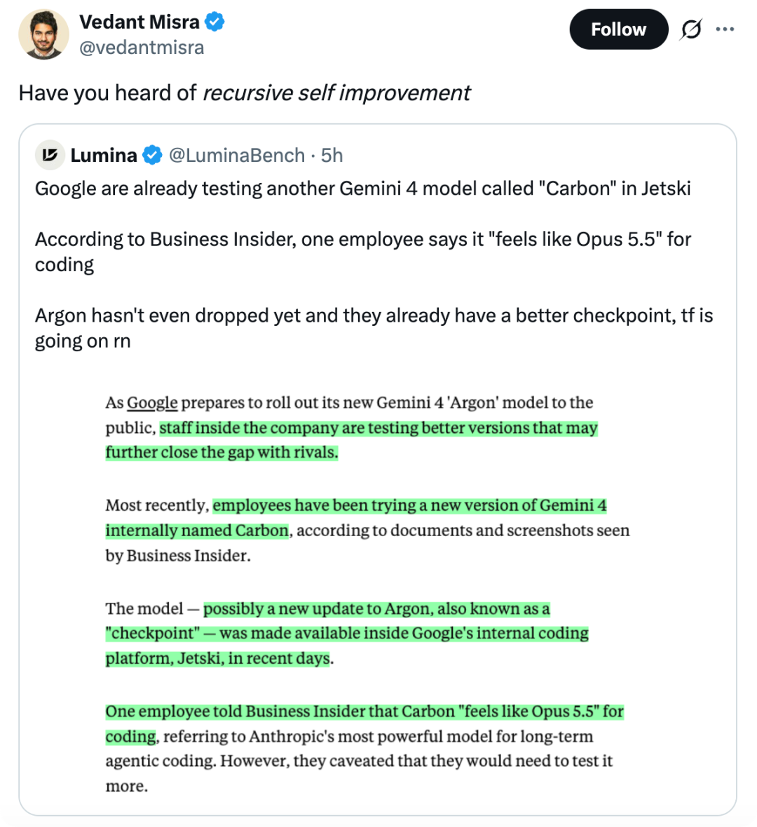 Vedant Misra 推文引用 Business Insider 关于 Carbon 的报道