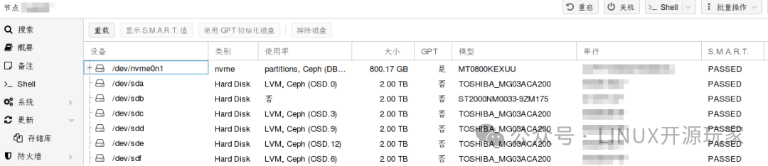 PVE磁盘管理界面显示设备详情