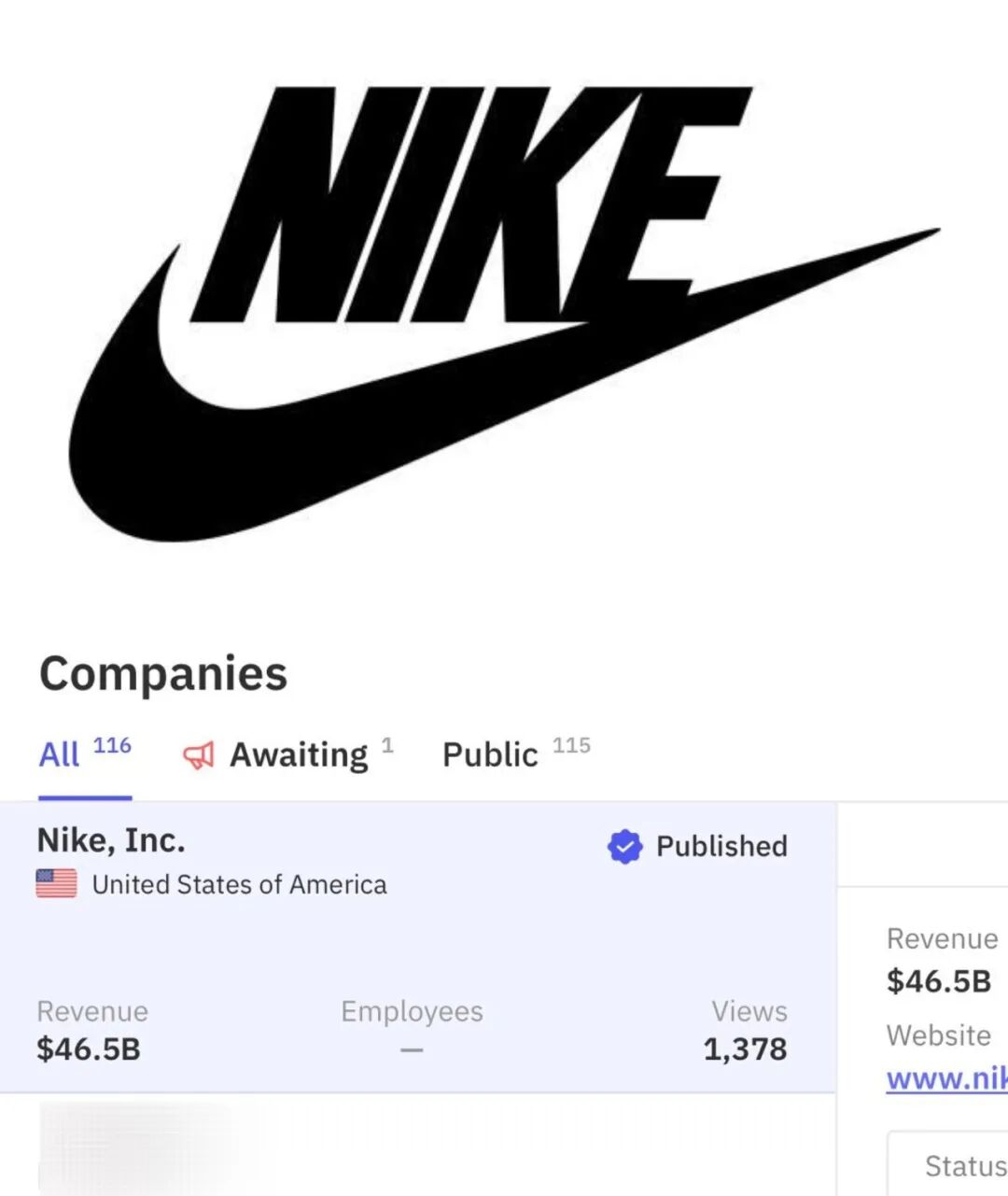 耐克公司在信息平台上的公开资料页面