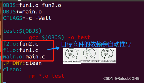 Makefile 隐含规则：目标文件的依赖会自动推导