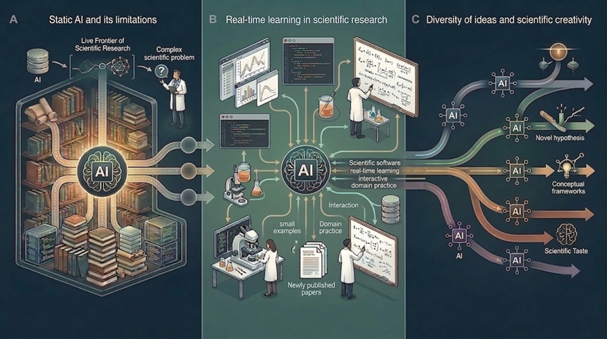 一幅三栏式插画，比较了静态AI的局限、AI在科研中的实时学习，以及思想多样性对科学创造力的驱动。