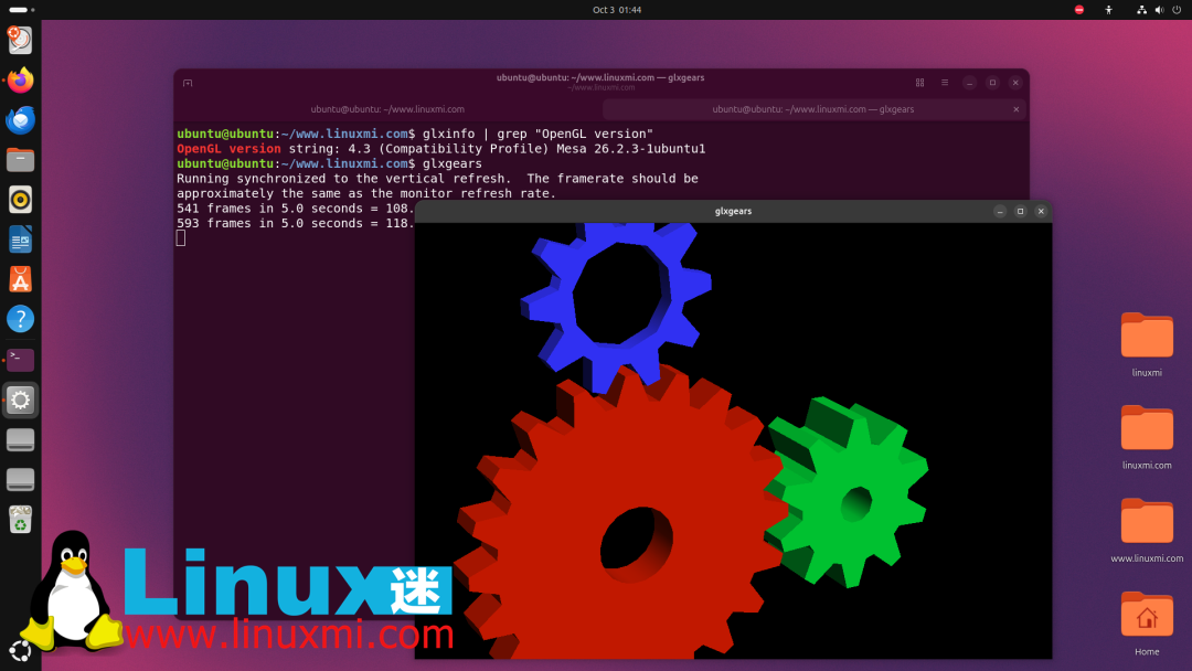 Ubuntu 26.10 终端运行 glxgears 查看 OpenGL 与 Mesa 版本