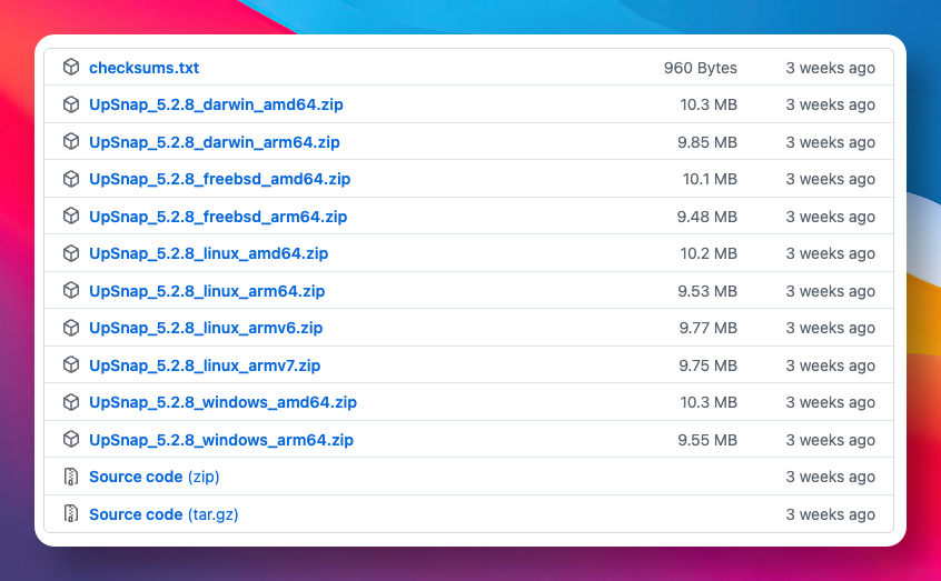 UpSnap各平台发布文件列表