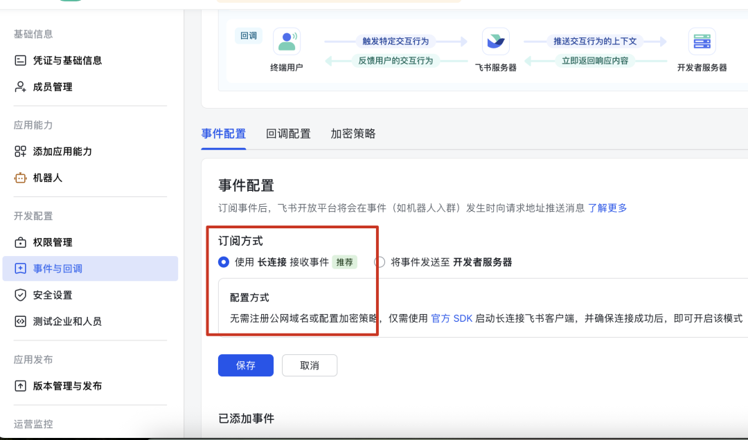 飞书事件与回调配置页面，选中长连接模式