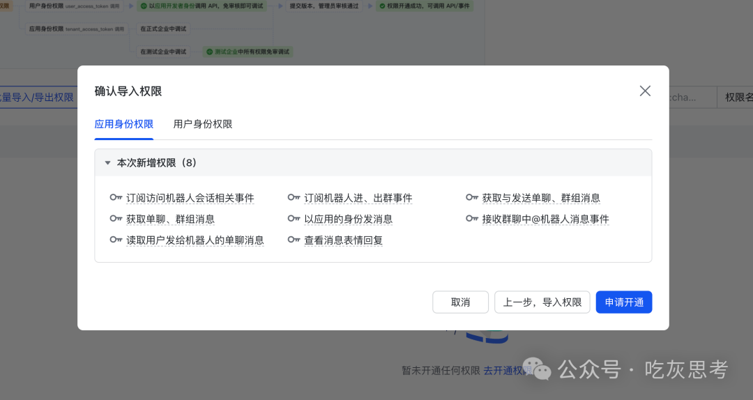 “确认导入权限”弹窗,列出本次将新增的8项权限