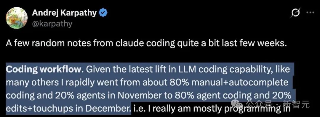 Andrej Karpathy关于Claude大幅提升其AI编码占比的推文截图