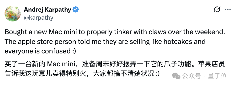 Andrej Karpathy 关于购买 Mac Mini 研究 Claw 项目的推文截图