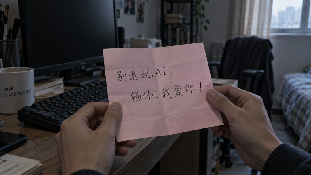 粉色纸条上手写着“别老玩AI,杨伟,我爱你!”