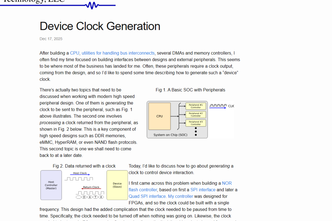 ZipCPU 原文 Device Clock Generation 截图,讨论如何为外部器件生成设备时钟,包含基本 SOC 与时钟返回结构示意
