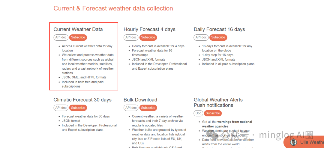 OpenWeather API服务列表，高亮显示‘Current Weather Data’服务模块