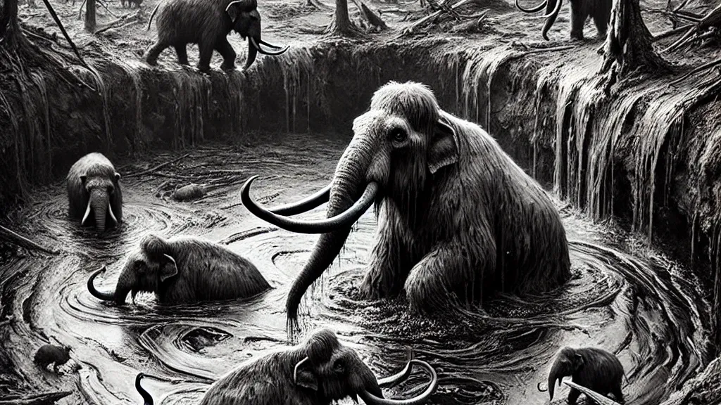 描绘史前生物陷入泥潭的黑白插图