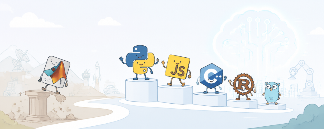 编程语言领奖台卡通插画:Python、JS、C++、R、Go